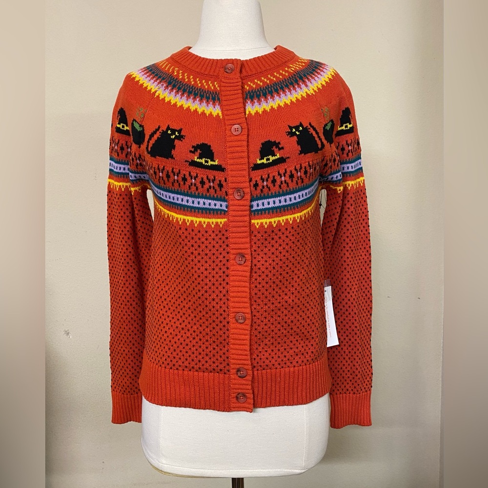 Modcloth Halloween Spooky Orange Cat Witches Cardigan Sweater